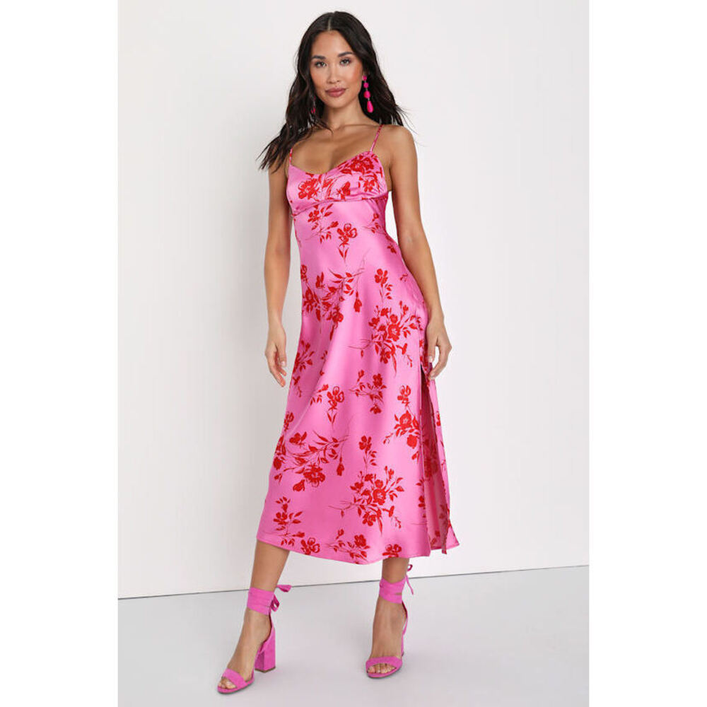 Lulus Glamorous Efforts Hot Pink Floral Print Tie-back Midi Dress - Size M
